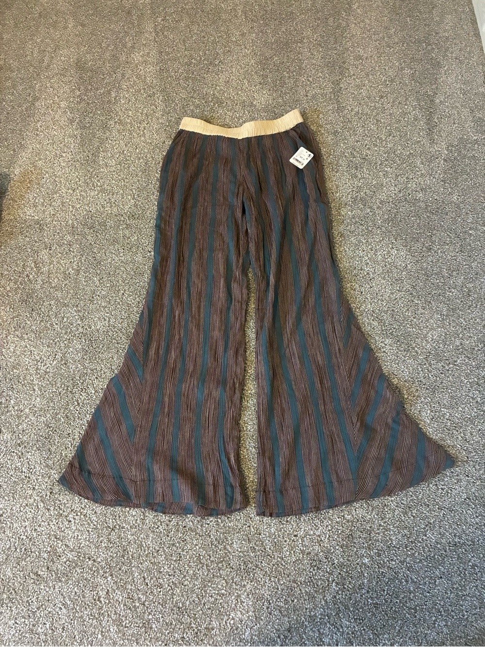 Free People Brown & Teal Striped Wide-Leg Pants